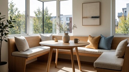 Fototapeta premium Modern dining nook features wooden bench seating with soft cushions around round table. Bright sunlit kitchen area minimalist decor near corner windows. Cozy breakfast space includes ceramic vase