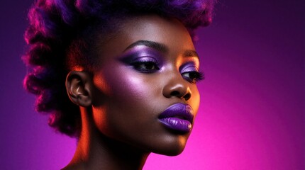 Obraz premium Portrait of young African woman with vibrant purple makeup. Stylish female model wears glossy lipstick, eyeshadow. Studio shot features neon aesthetic lighting against violet background. Elegant girl