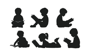 Collection of diverse children silhouettes engrossed in reading books in various poses