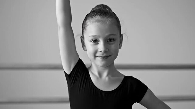 A young ballet dancer in a black leotard posing with arms raised in a black and white studio setting.