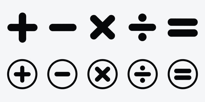 Collection of basic mathematical operation symbols including plus minus multiply divide and equals signs