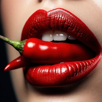 Macro shot of woman wearing vibrant red lipstick holding small spicy chili pepper in mouth. Sharp teeth visible between glossy lips. Concept of intense flavor, extreme beauty, bold fashion style,