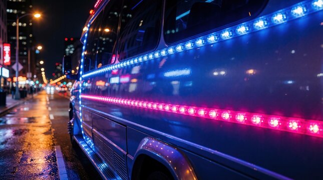 Modern party bus drives on dark city street at night. Exterior side view shows glowing blue, pink neon LED lights. Reflective metal surface shines urban road background remains blurry. Luxury vehicle