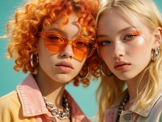 Obraz premium Two young women with trendy makeup, hairstyles pose closely together. One wears bright orange sunglasses, colorful denim jacket, blonde wavy hair, striking eye shadow. Both wear large hoop earrings.