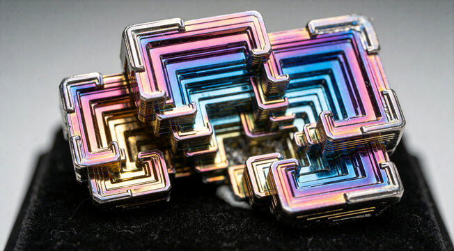 Rainbow iridescent bismuth metal crystal macro close up