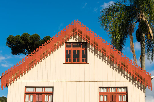 Decorative wooden trim (lambrequim) on a historic colonial house in Ant&ocirc;nio Prado, Rio Grande do Sul, Brazil