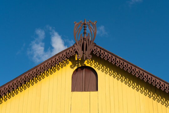 Decorative wooden trim (lambrequim) on a historic colonial house in Ant&ocirc;nio Prado, Rio Grande do Sul, Brazil