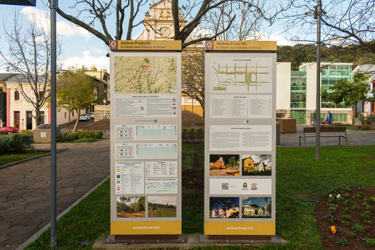 Antonio Prado, Brazil - July 24th 2025: Information signs about the Caminhos do Prado hiking trails in Garibaldi Square