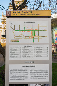Antonio Prado, Brazil - July 24th 2025: Information signs about the Caminhos do Prado hiking trails in Garibaldi Square