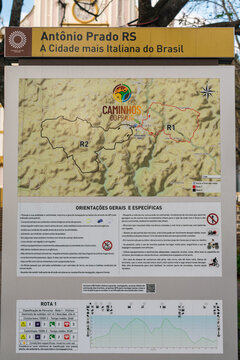 Antonio Prado, Brazil - July 24th 2025: Information signs about the Caminhos do Prado hiking trails in Garibaldi Square
