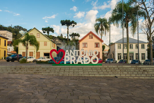 Antonio Prado, Brazil - July 24th 2025: Garibaldi Square with the &ldquo;I Love Ant&ocirc;nio Prado&rdquo; sign in Ant&ocirc;nio Prado, Rio Grande do Sul, Brazil