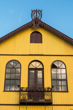 Decorative wooden trim (lambrequim) on a historic colonial house in Ant&ocirc;nio Prado, Rio Grande do Sul, Brazil