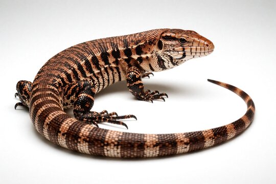 Red tegu lizard Salvator rufescens stands on clean white surface. Giant tropical reptile displays patterned scales with brown, black colors. Large carnivore creature from South America looks around.
