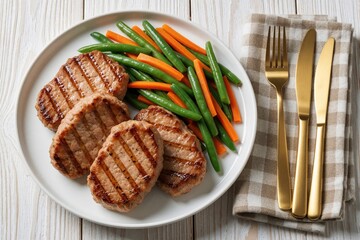 Obraz premium Grilled pork loin cutlets served with steamed green beans, carrot sticks on white ceramic plate. Golden cutlery rests on checkered napkin over rustic wooden table background. Top view flat lay shot