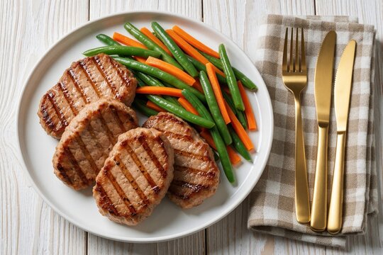Grilled pork loin cutlets served with steamed green beans, carrot sticks on white ceramic plate. Golden cutlery rests on checkered napkin over rustic wooden table background. Top view flat lay shot