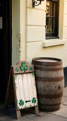 Naklejka premium Wooden A-frame sandwich board sign with clover icons, arrow sits next to barrel outside Irish pub building. Outdoor decor features rustic signage on street sidewalk by entrance door. Classic vintage