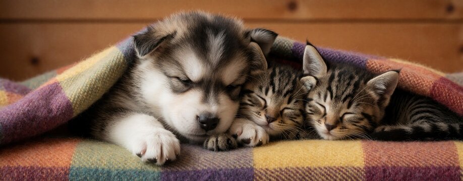 Fluffy husky puppy slepic with two small tabby kittens under warm checkered wool blanket. Cute baby pets cuddle together peacefully in cozy home atmosphere. Relaxed animals rest on soft fabric