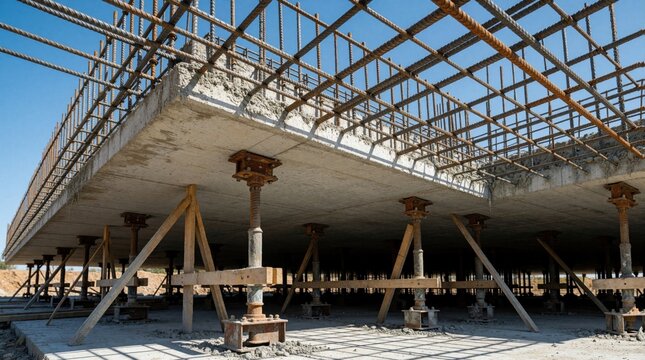 Concrete slab under construction on building site. Metal rebar reinforcement grid sits atop cast cement floor supported by adjustable steel props, wooden formwork beams. Industrial architecture