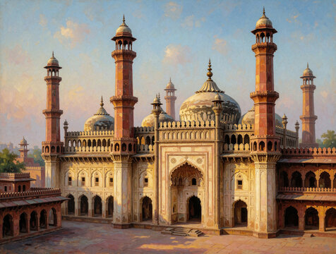 Oil painting of Bara Imambara monument in Lucknow India. Ancient Islamic architecture building with tall minaret towers, large domes under soft sunny sky. Colorful artistic impressionism artwork