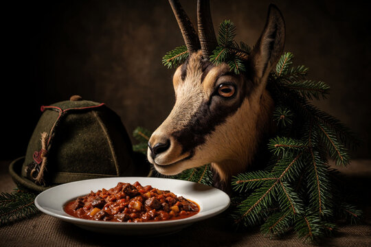 Stuffed chamois head rests near plate of hearty venison goulash meat stew. Traditional hat lies on burlap surface beside wild animal trophy decorated with green fir branches. Authentic rustic meal