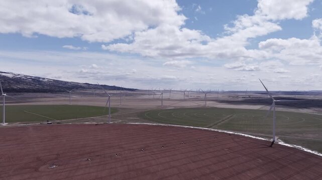 Aerial View of a Wind Farm Amid Farmland on the Rural Plains of Bridger, Montana