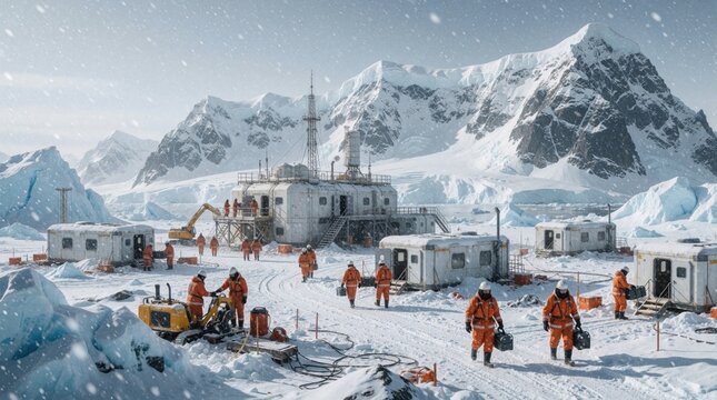 Workers in orange suits operate at polar research station site. Construction crew build base facility amidst snowy mountains, glaciers. Engineers transport gear heavy machinery works in freezing