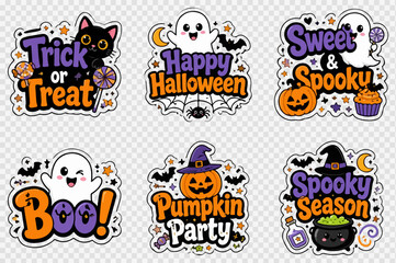Fototapeta premium Cute Halloween sticker set with 6 cartoon badges, spooky holiday labels with ghosts and pumpkins, purple and orange vector illustrations for autumn parties