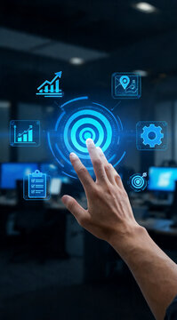 Hand Touching Digital Target Interface With Business Icons