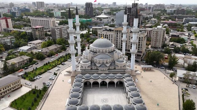 Description:Bishkek, Kyrgyzstan &ndash; October 4, 2025: Majestic Central Mosque with white domes, minarets, and intricate Islamic architecture in the city.