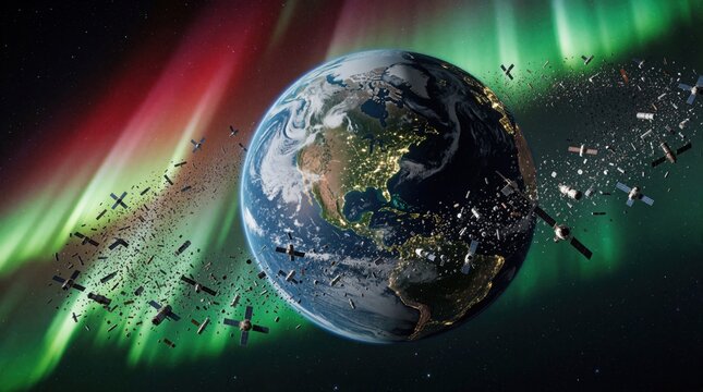 Planet Earth seen from space with bright aurora borealis background. Broken satellite parts, small rocky debris form ring around globe. Dangerous orbital waste threatens modern tech systems. Global