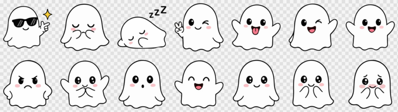 Kawaii ghost emoji collection, 14 cute cartoon ghost characters with different facial expressions, spooky Halloween vector icons set