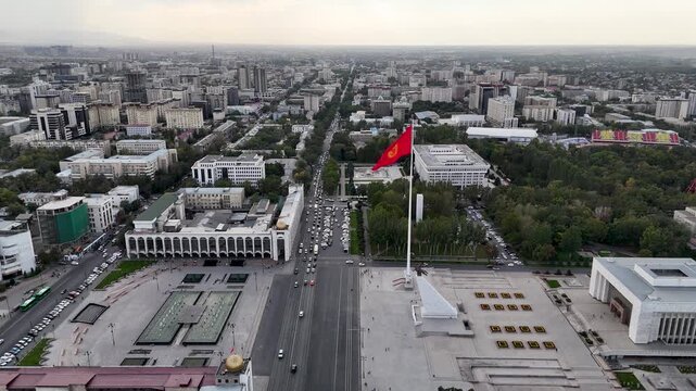 Bishek, Kyrgyzstan -October,17,2025: kyrgyzstan national flag waving at Freedom Square