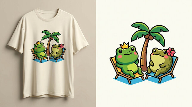 Cute Frog Couple Relaxing on Beach Chairs Summer Vacation Illustration.