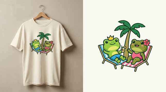 Cute Frog Couple Relaxing on Beach Chairs Illustration.