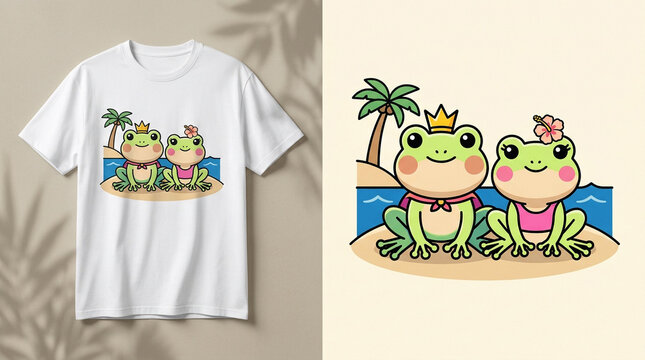 Cute Frog Couple Vacation Illustration on T-shirt Mockup.