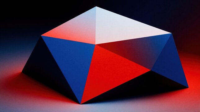 Abstract geometric object with red blue white sections. Forms sharp angles, clean lines, striking color contrast. Minimalist design, 3D render, digital art.