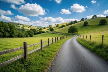Fototapeta premium Winding asphalt road through green rolling hills and meadows. Wooden fence lines a farm track under a blue sky with white clouds. Lush trees dot the landscape on a sunny summer day.