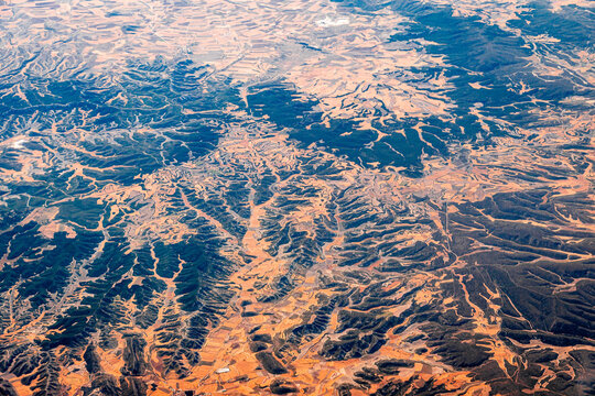 Aerial view of European farmland patchwork and forest