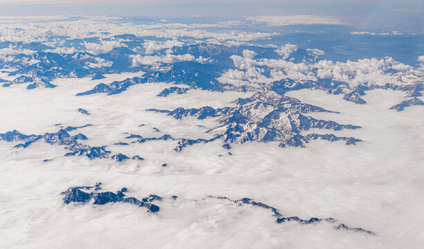 Aerial view of the Pyrenees above clouds in Europe