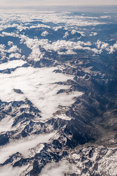 Aerial view of Pyrenees mountains with clouds over Europe