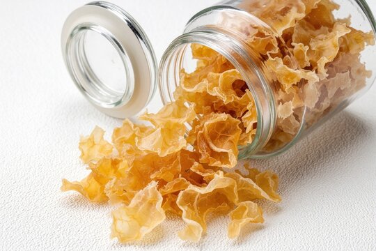 Dried fish maw spilling from glass jar on white surface. Traditional asian food ingredient golden yellow pieces inside container. Gourmet seafood snack for healthy soups collagen rich meal prep.