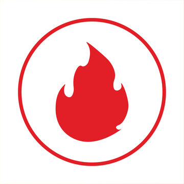 Flat red fire flame icon in a circle outline. Minimalist hot temperature symbol, danger warning sign or spicy food indicator. Isolated vector illustration for UI design and caution labels.