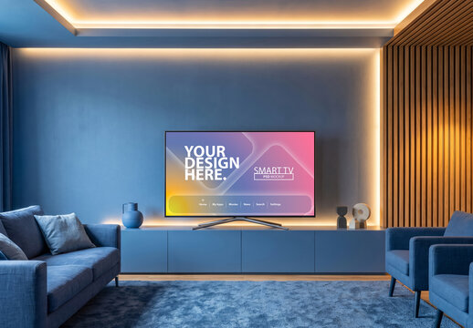 Smart Tv Mockup in living room in blue colors with warm ambient light