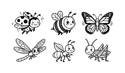 Fototapeta premium Cute Garden Insect Cartoon Line Art Vector Collection