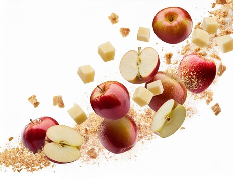 frische knackige apfelwurfel fallend isoliert fur food designer zur dynamischen gestaltung von gesunden musli verpackungen auf transparentem hintergrund um lust auf eine vitaminreiche ernahrung zu ma
