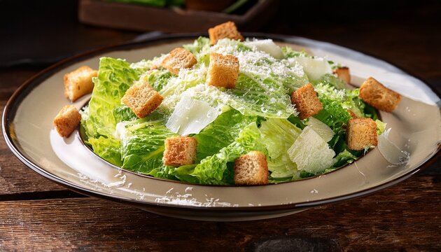 classic caesar salad with lettuce croutons parmesan cheese and caesar dressing