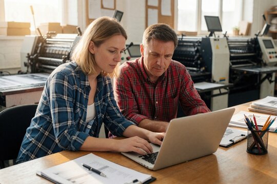 Man and woman coworkers collaborate on laptop in print shop office. They review paperwork near printing machinery. Teamwork in printing business, digital design and production tasks.