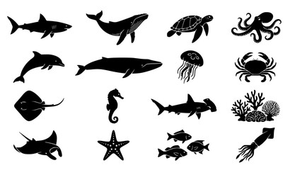 Ocean marine animal shark whale octopus turtle dolphin jellyfish crab and coral silhouette vector collection © Jahangir