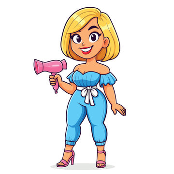Cute Cartoon Female Hairdresser Character Holding Hair Dryer Isolated Vector Illustration