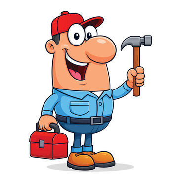 Funny Cartoon Repairman Character with Hammer and Toolbox Isolated Vector Illustration